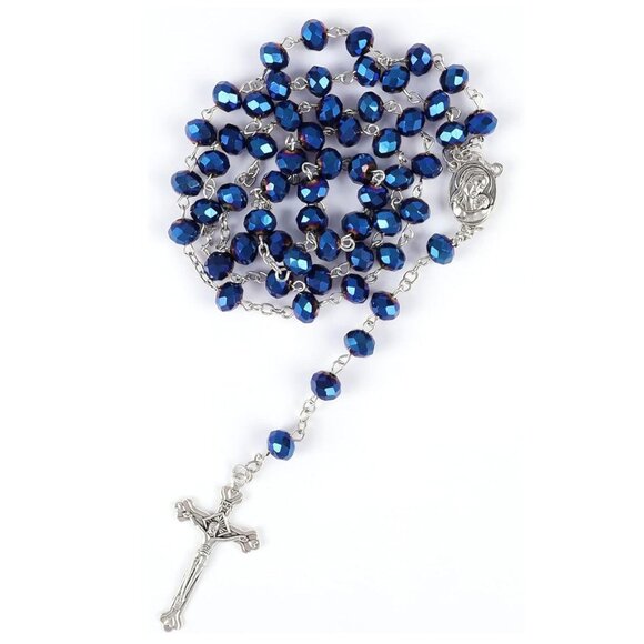Deep Metallic Blue Crystal Rosary Necklace Jesus Cross Religious Jewelry NWOT - Picture 3 of 13